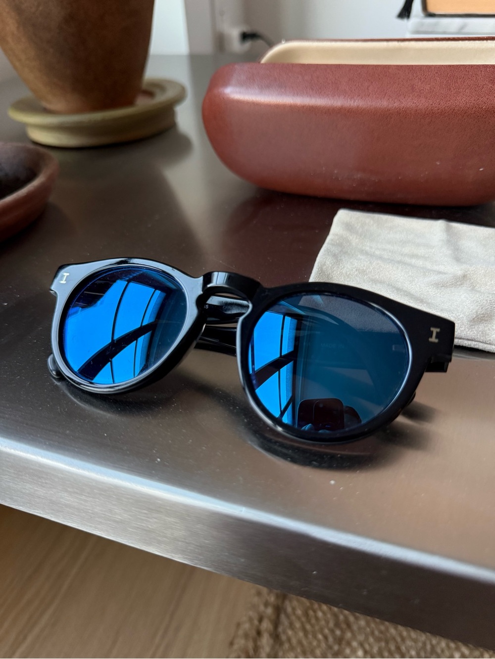 Illesteva Leonard Black Frame Sunglasses with Blue Lenses